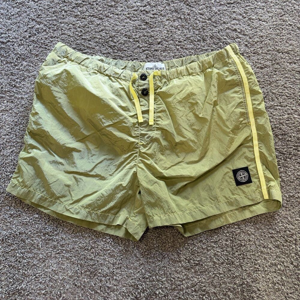 Stone Island Nylon Swim Trunks Compass Logo Patch Green Lemon Mens Size 2XL